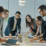 Photorealistic image of a modern collaborative office setting focused on website design professionals working together