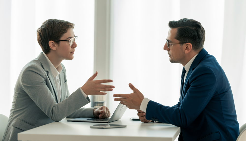 High-quality professional photograph showing a SaaS startup founder consulting with a specialized SaaS agreement attorney in a clean, white background setting