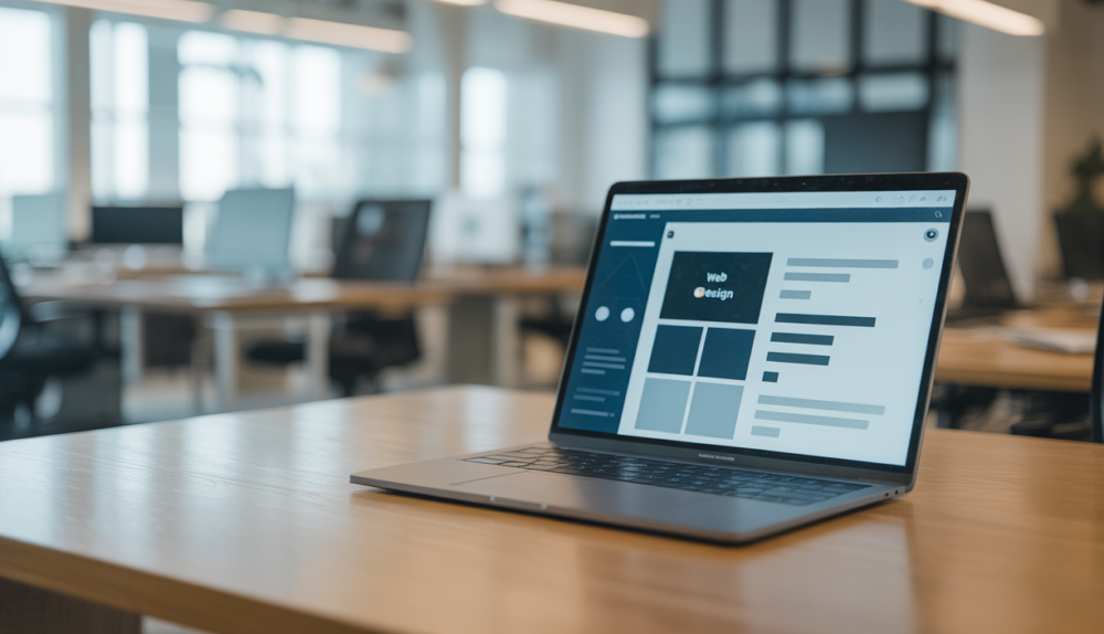Modern business office with laptop showcasing website design software, representing website design services in Madison WI