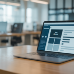 Modern business office with laptop showcasing website design software, representing website design services in Madison WI