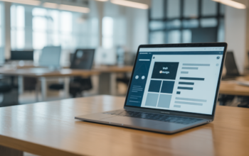 Modern business office with laptop showcasing website design software, representing website design services in Madison WI