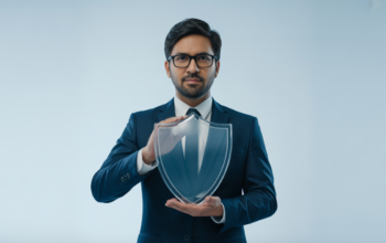 Photorealistic portrait of a confident cybersecurity consultant holding a glass shield symbolizing digital security on a clean white background