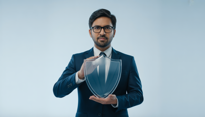 Photorealistic portrait of a confident cybersecurity consultant holding a glass shield symbolizing digital security on a clean white background