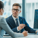 High-quality professional photo of a business consultant discussing cybersecurity in a modern office with a clean white background.