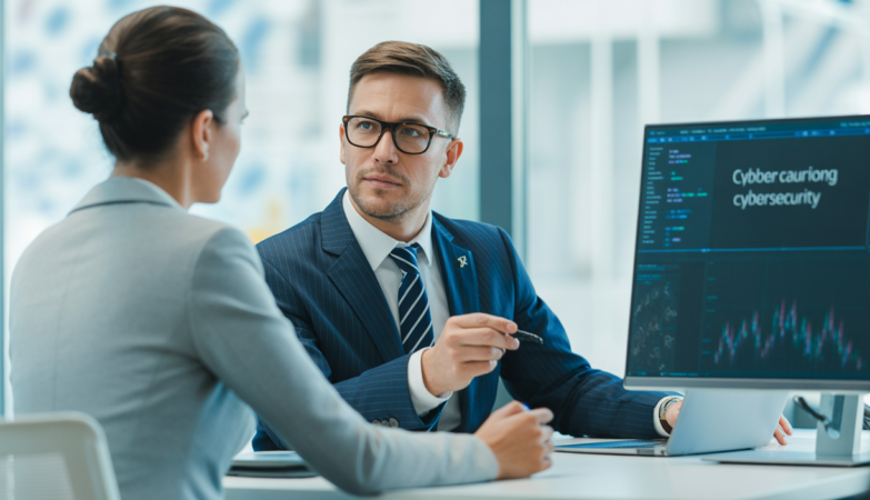 High-quality professional photo of a business consultant discussing cybersecurity in a modern office with a clean white background.