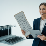 Photorealistic portrait of a corporate event manager holding a tablet and a scale model of a conference stage on a neutral background