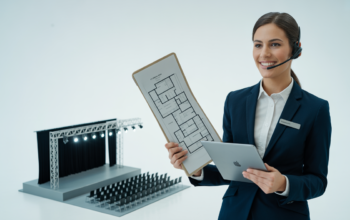 Photorealistic portrait of a corporate event manager holding a tablet and a scale model of a conference stage on a neutral background