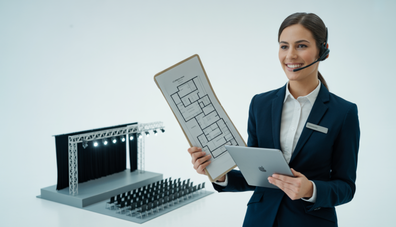 Photorealistic portrait of a corporate event manager holding a tablet and a scale model of a conference stage on a neutral background