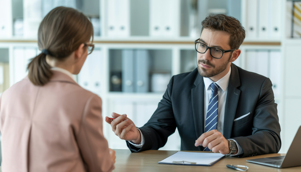 Motorcycle accident lawyer consulting with client in modern office with neutral background, Southern California legal consultation