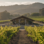 Photorealistic image of a family-owned winery estate in Napa Valley showcasing vineyards and a rustic tasting room under natural lighting