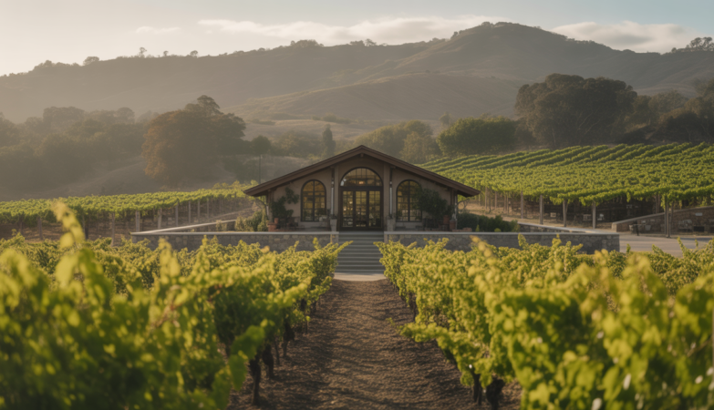 Photorealistic image of a family-owned winery estate in Napa Valley showcasing vineyards and a rustic tasting room under natural lighting