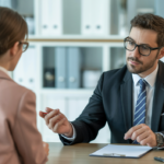 Motorcycle accident lawyer consulting with client in modern office with neutral background, Southern California legal consultation