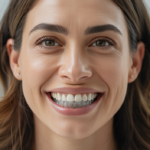 A confident adult woman smiling with clear dental aligners showing a natural, perfect smile against a clean white background