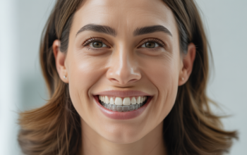 A confident adult woman smiling with clear dental aligners showing a natural, perfect smile against a clean white background