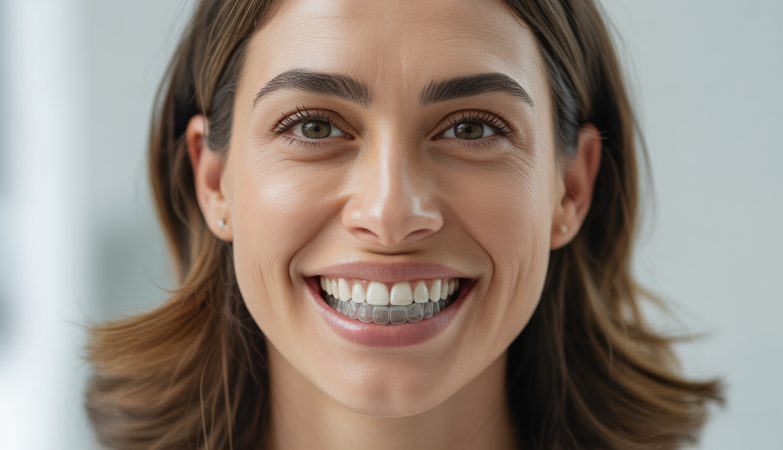 A confident adult woman smiling with clear dental aligners showing a natural, perfect smile against a clean white background