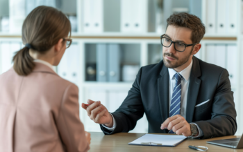 Motorcycle accident lawyer consulting with client in modern office with neutral background, Southern California legal consultation