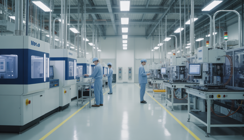 High-resolution image of a modern medical device manufacturing plant interior showcasing advanced equipment and technicians at work for medical device manufacturing licence article