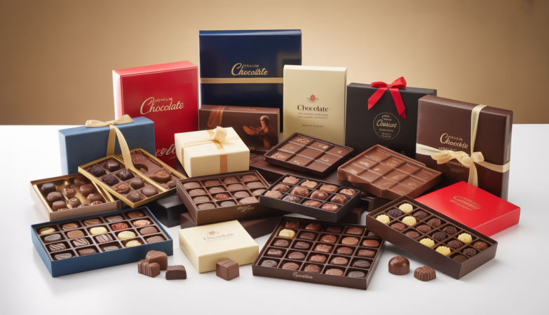 Assorted premium chocolates and gift boxes on a clean white background with elegant packaging for online chocolate shopping